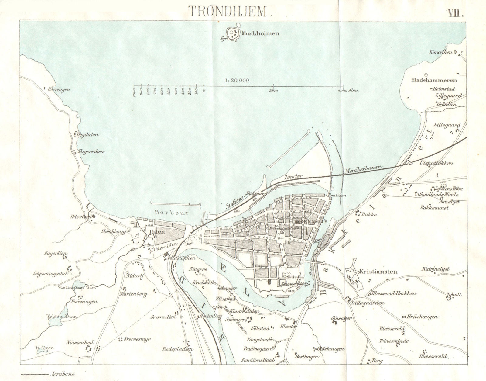 TRONDHEIM antique town city map plan. Norway 1896 old chart